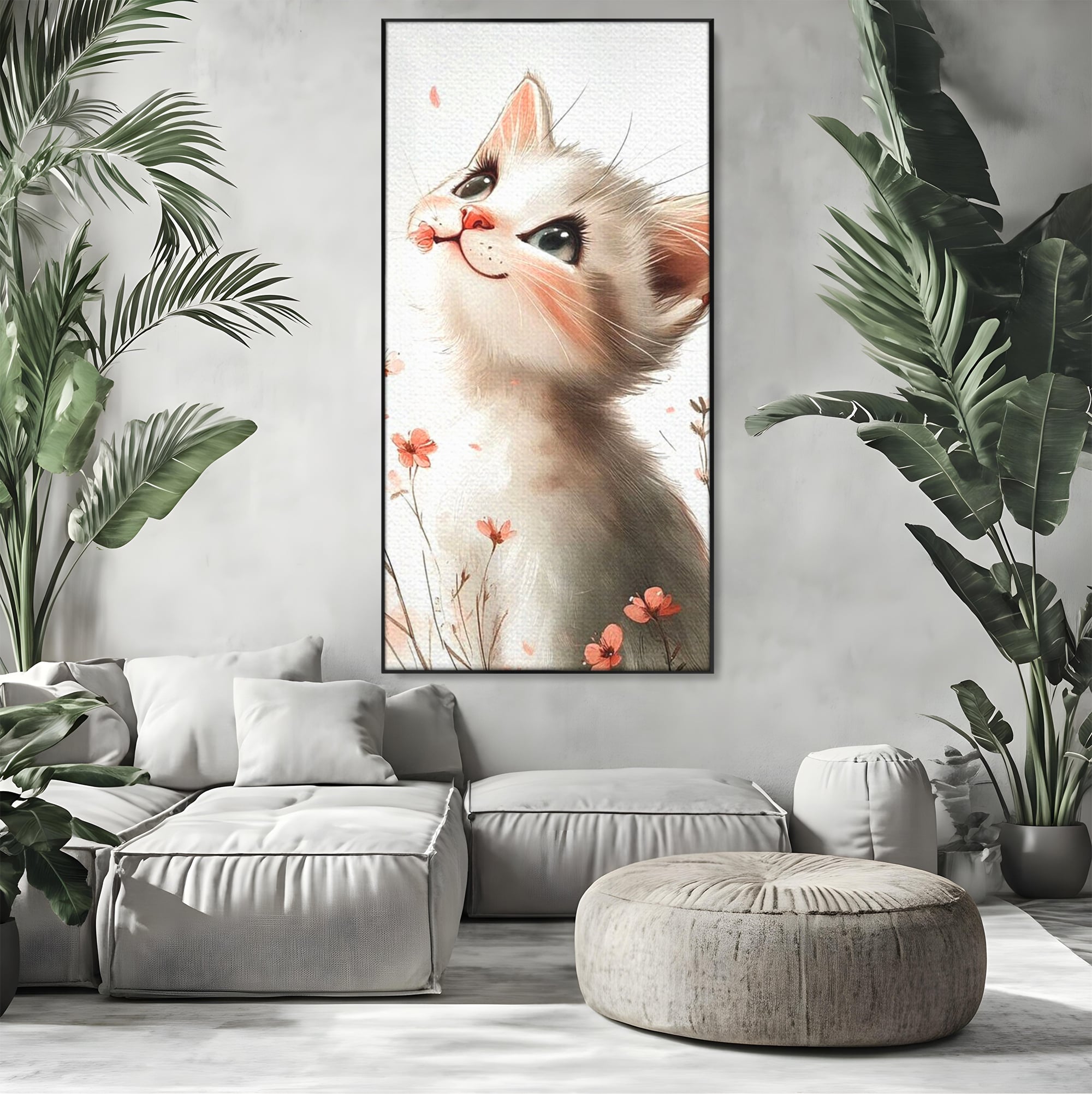 Tablou canvas cu ilustratie cu pisicuta alba si flori roz, in rama de aluminiu negru, pe perete intr-un living